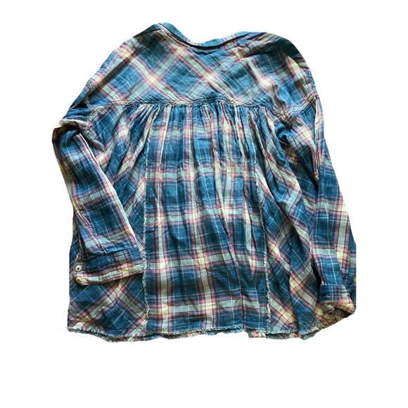 Free People Seeking Starlight Top Sz M NWT Blue Plaid Cotton Raw Hem grunge - Picture 6 of 10